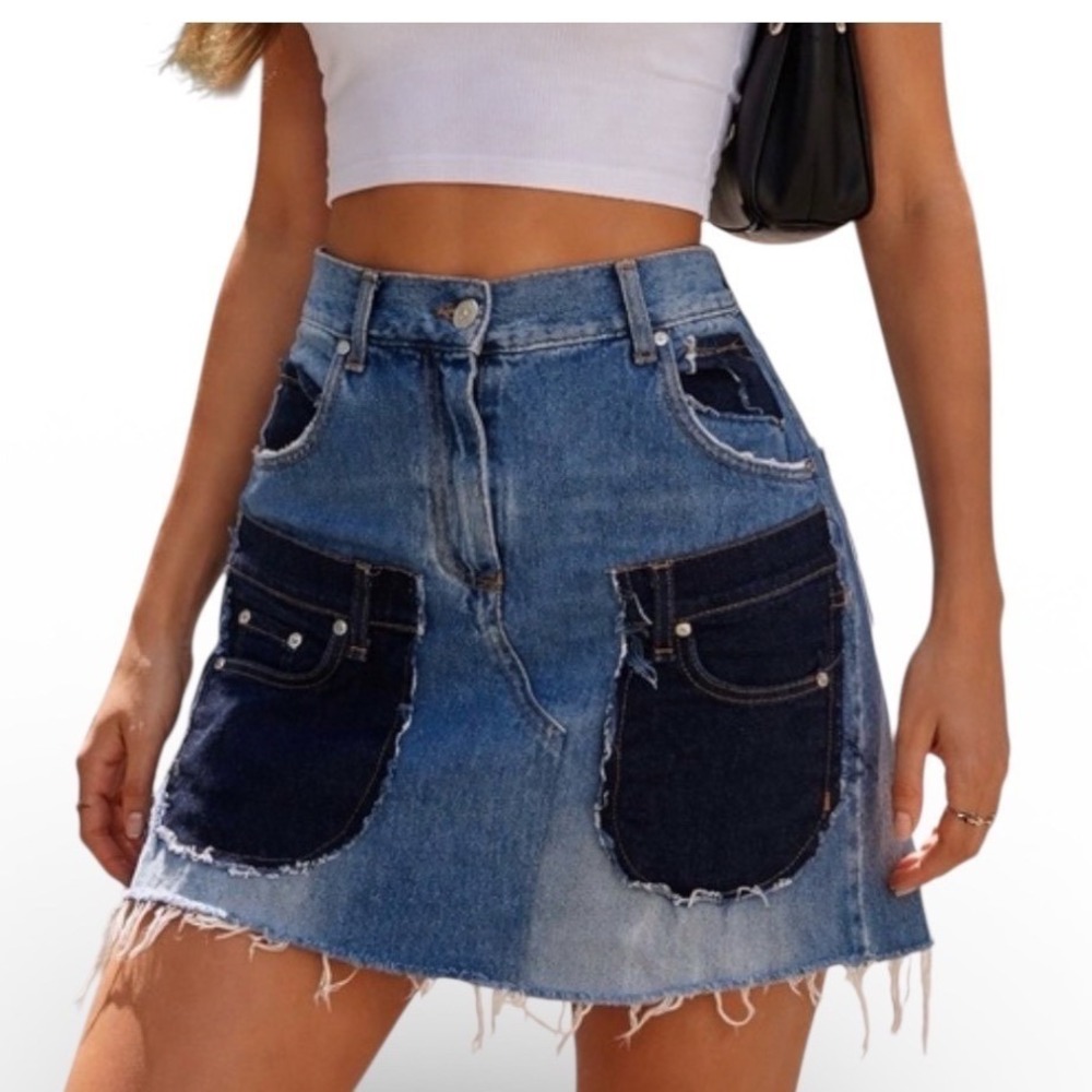 MSGM Milano Womens Deconstructed Patchwork Denim Mini Skirt Blue Italy High Rise